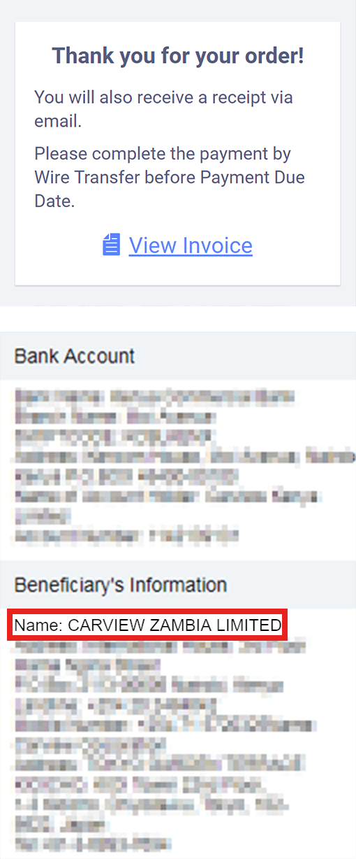 Zambia Pay Invoice link and Name of Account Holder: TCV Zambia Limited